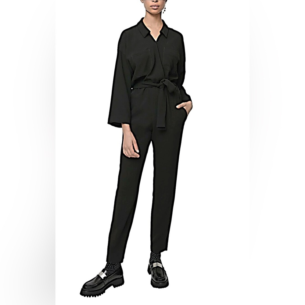 MAJE Black Long Sleeve Belted Collared Jumpsuit Size EU 36 US Small